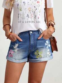 Breezaya Women Floral Embroidered Pocket Cuffed Casual Denim Shorts - Blue - View 3