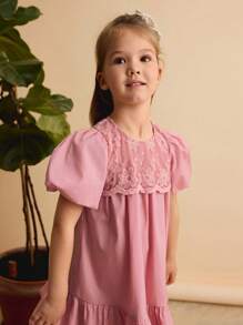 Ontre 年轻女孩宽松休闲花卉刺绣拼布灯笼袖连衣裙 - 粉色 - 查看 5