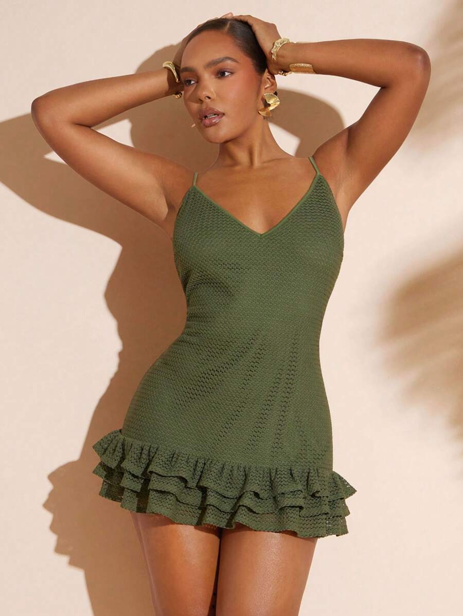 Hauture Damen grünes gestricktes Bodycon Minikleid mit Rüschen und Spaghettiträgern