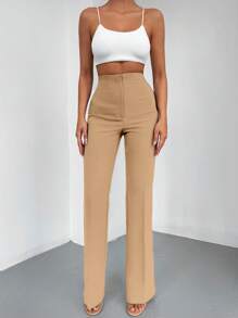 EURMUSE 女士纯色拉链喇叭腿优雅办公裤 - 駝色 - 查看 3