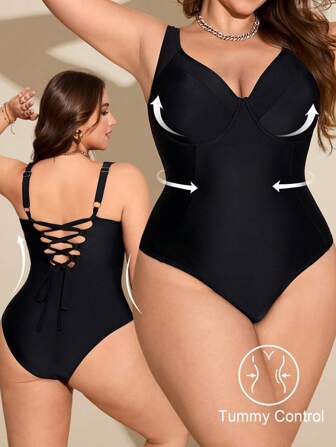 SHEIN Swim Curve 加大码纯色连体泳衣，适合度假和海滩