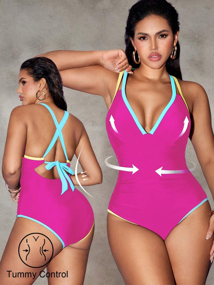 Shapewave Traje de baño de una pieza con control de barriga y tirantes de bloques de color para mujeres