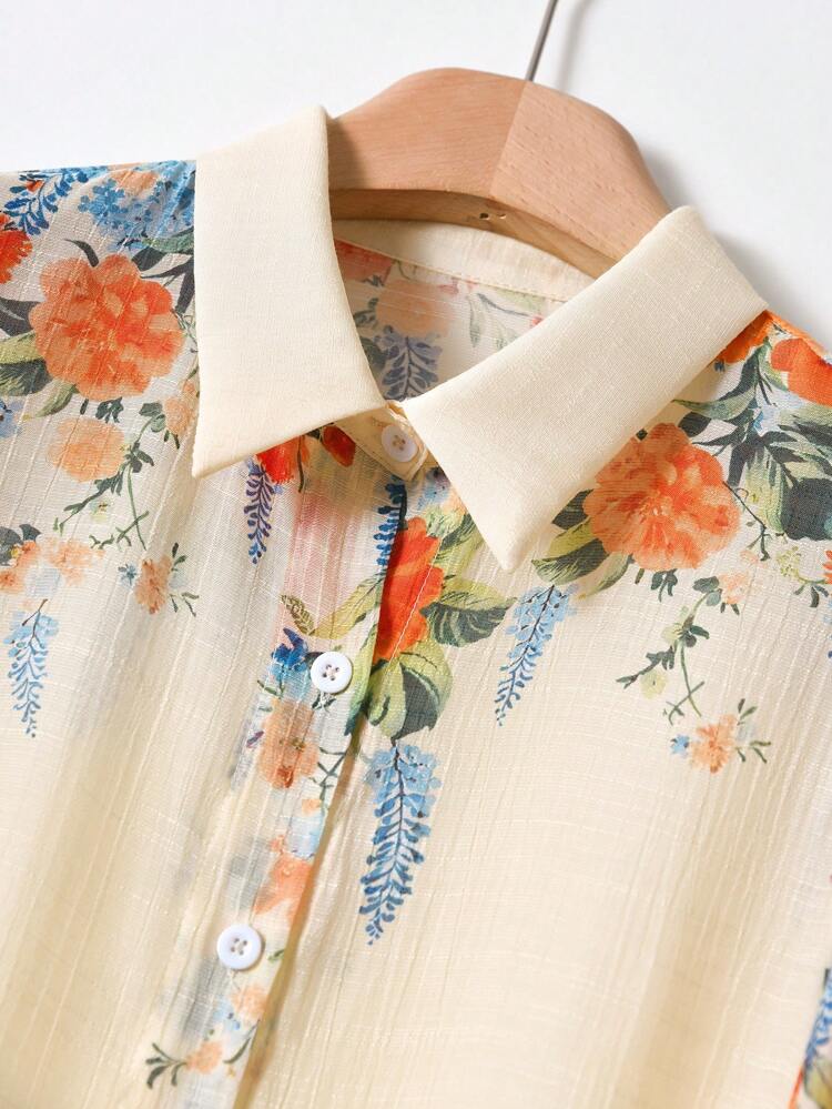 2pcs/Set Women's Floral Print Long Sleeve Single-Breasted Shirt And Midi Skirt Casual Vacation Outfit
