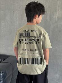 SHEIN 1 件青少年男孩圆领短袖 T 恤，带标语图案；春季服装；青少年男孩服装；儿童夹克，春季开学 - 綠色 - 查看 1