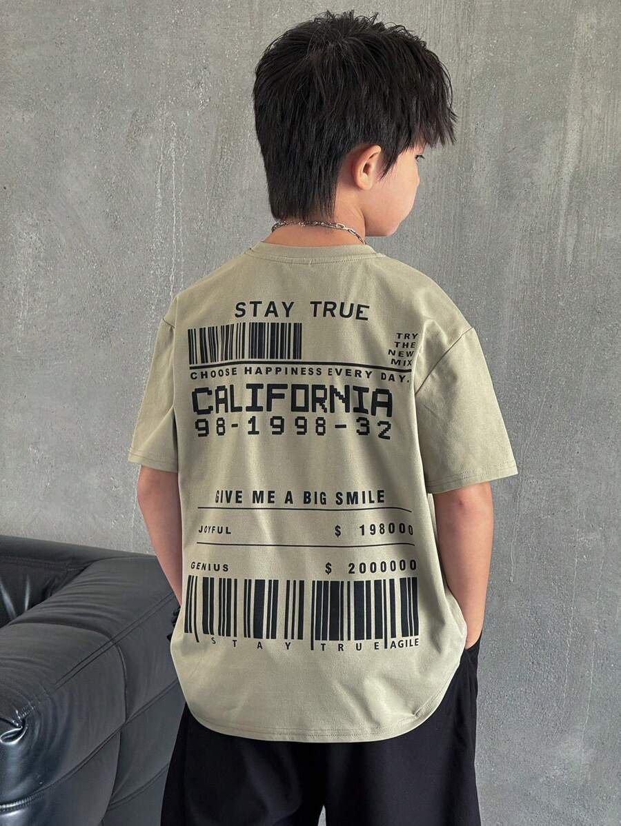 SHEIN 1 件青少年男孩圆领短袖 T 恤，带标语图案；春季服装；青少年男孩服装；儿童夹克，春季开学 - 綠色 - 查看 1