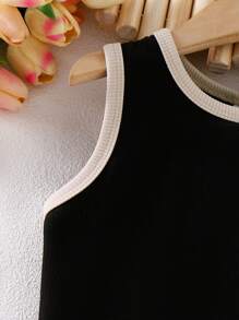 Wildeya 2 pièces/Set Top tricot noir décontracté et pantalon ample kaki pour jeune fille, tenue d'été. Vêtements quotidiens confortables pour enfants