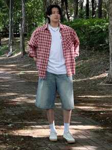 DAZY Men's Casual Fall Plaid Red Shirt For Spring & Summer,Back To School