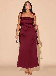 SHEIN BAE 加大码女式杏色/香槟色垂坠领缎面 3D 花卉优雅性感露背长裙，适合音乐会、夏季、度假、休闲、商务休闲、西装、办公室、婚礼、俱乐部、毕业典礼、早午餐、春季、复活节、生日女士礼服 - 酒紅色 - 查看 3