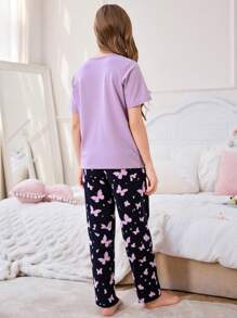 2pcs Set Tween Girl Casual & Crew Neck Purple Short Sleeve Butterfly Printed Top And Loose Knit Pants Pajamas
