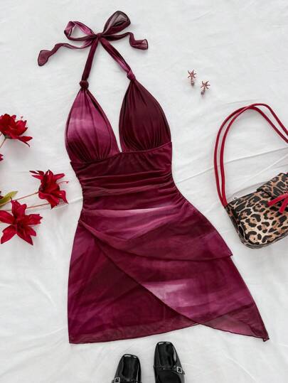 Soleia Đầm ngắn gợi cảm cổ chữ V buộc dây phối lưới xếp nếp viền bất đối xứng lãng mạn cho kỳ nghỉ dành cho nữ