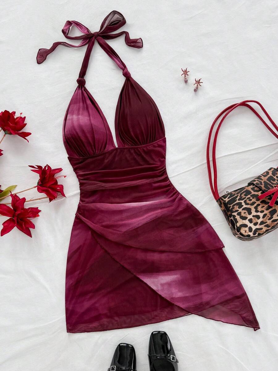 Soleia 复古渐变露背 V 领系带网眼荷叶边不对称下摆浪漫度假性感迷你连衣裙女式 - 彩色 - 查看 1