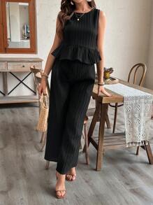 SHEIN 2pcs/Set Maternity Solid Ruffle Hem Tank Top & Pants Outfit - Black - View 5