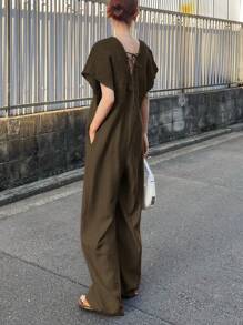 FRIFUL 女式V领连体裤，夏季服装 - 橄欖綠 - 查看 6