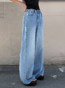 SHEIN ICON Quần Jeans Ống Rộng Rộng Giặt Thường Ngày - Màu xanh lam - Xem 6