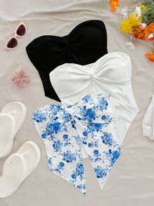 Soleia 3 件套休闲度假风格蓝瓷花卉印花黑白不均匀下摆抹胸上衣套装，适合女性夏季海滩度假