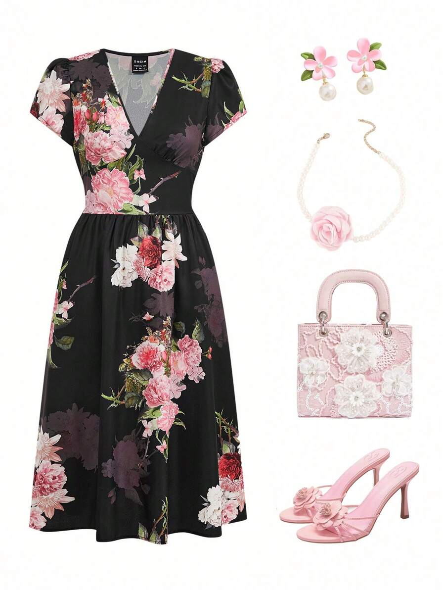 Ellevyn Váy midi chữ A in hoa cổ chữ V thanh lịch cho nữ, váy nghỉ mát mùa hè (kèm thắt lưng) - màu đen - Xem 1