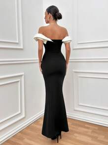 EURMUSE Two Tones Off Shoulder Ruffle Trim Bodycon Dress, Elegant Dress - Black - View 2