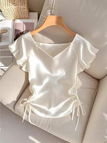 SHEIN Clasi Women's Elegant Solid Color Side Drawstring Blouse, Summer - Apricot - View 1