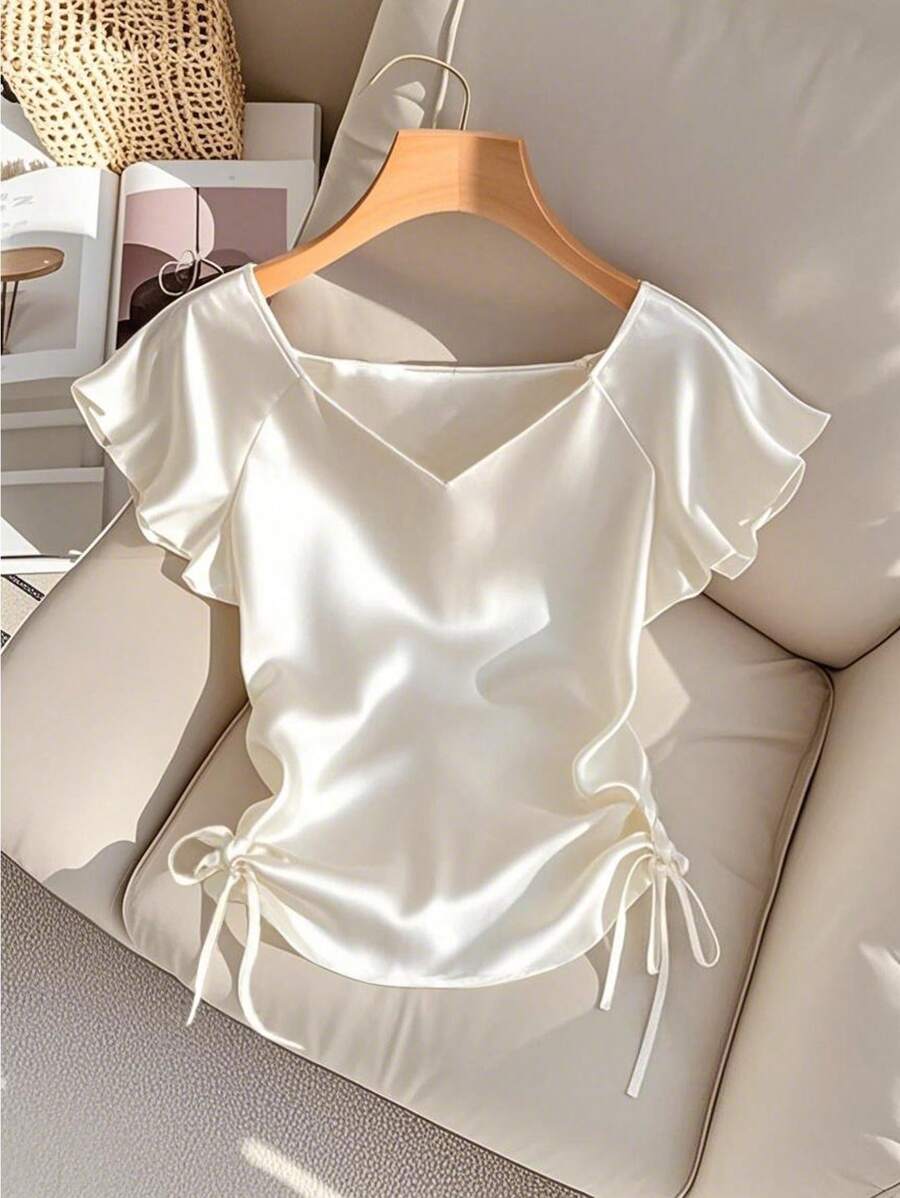 SHEIN Clasi Women's Elegant Solid Color Side Drawstring Blouse, Summer - Apricot - View 1