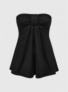 ROMWE Goth Spring/Summer Y2K Style Pleated Cropped Cami Tank Top, Versatile Summer Fitted Top - Black - View 1