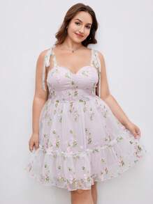 SHEIN MOD Váy ngắn hở vai thêu lưới cỡ lớn cho nữ - Hồng - Xem 6