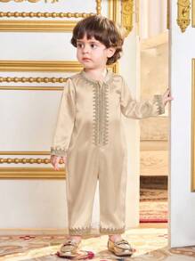 SHEIN Traditional Knit Collar Long Sleeve Jumpsuit Set, Casual & Versatile For Baby Boys And Girls - Khaki - View 6