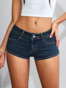 Jeanoix Women's Pocket Detail Low-Waist Skinny Fashionable Sexy Denim Shorts Y2k