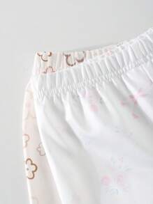 Baby Girls' Sweet Floral All-Over Print Multi-Piece Outfit, Comfortable Snug-Fit Knitted Fabric Short Sleeve T-Shirt + Long Pants, Ditsy Floral Cuffs, Collar, Hem With Contrast Color Trim, Exquisite & Fun - Multicolor - View 3