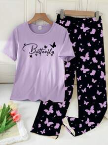 2pcs Set Tween Girl Casual & Crew Neck Purple Short Sleeve Butterfly Printed Top And Loose Knit Pants Pajamas
