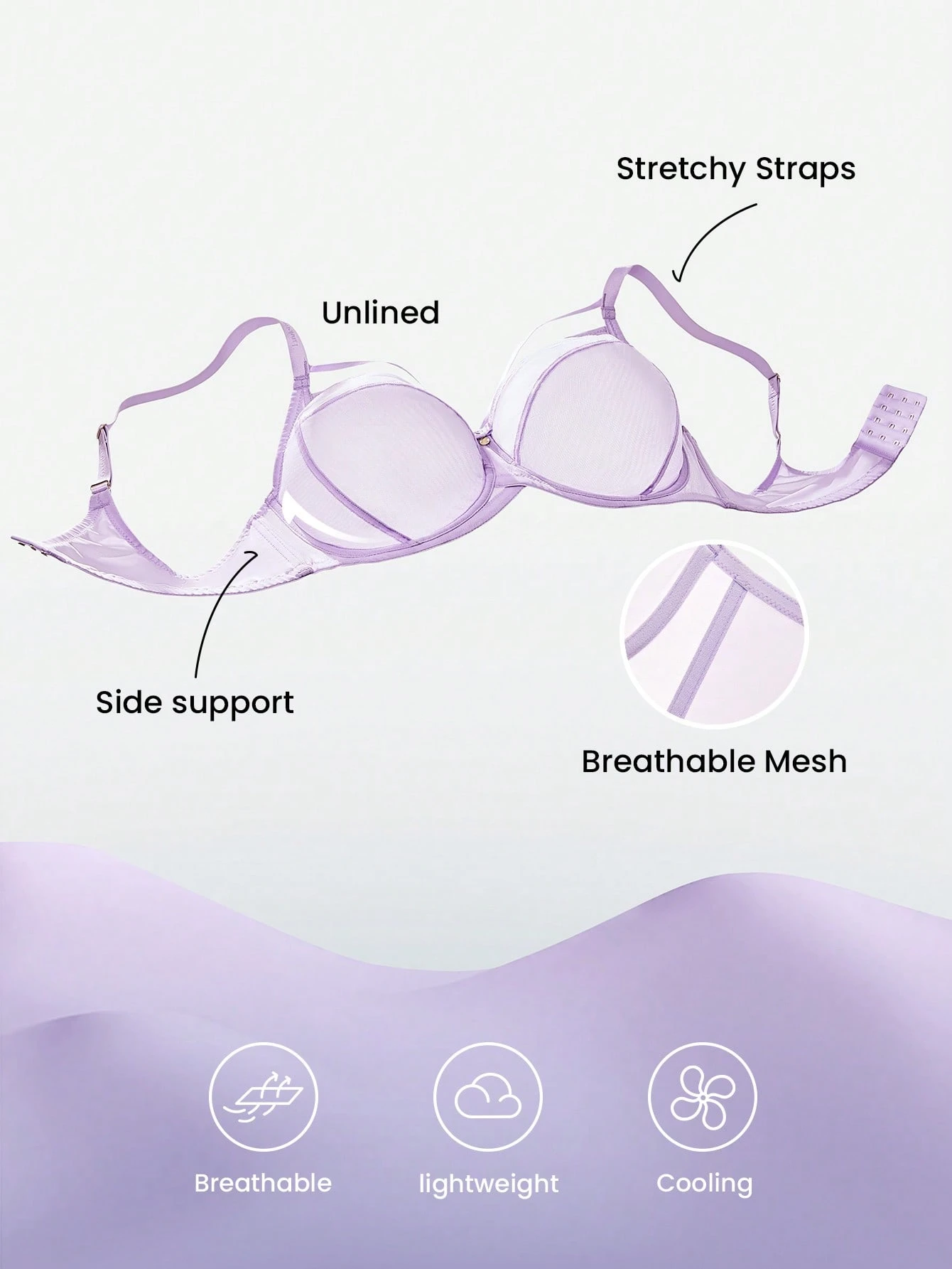 Reggiseno minimizzante basic comodo e leggero, con copertura totale, supporto laterale e rete traspirante, colore viola, taglie comode