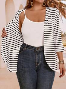 EMERY ROSE Plus Size Women's Summer Vacation Striped Three Quarter Sleeve Coat, Gifts For Mother, Summer Holiday, Vacation Women, Simple And Fashionable For Everyday Wear, Vacay Vibes, Spring-Break, Casual Wear , Bohemia - Black and White - View 8