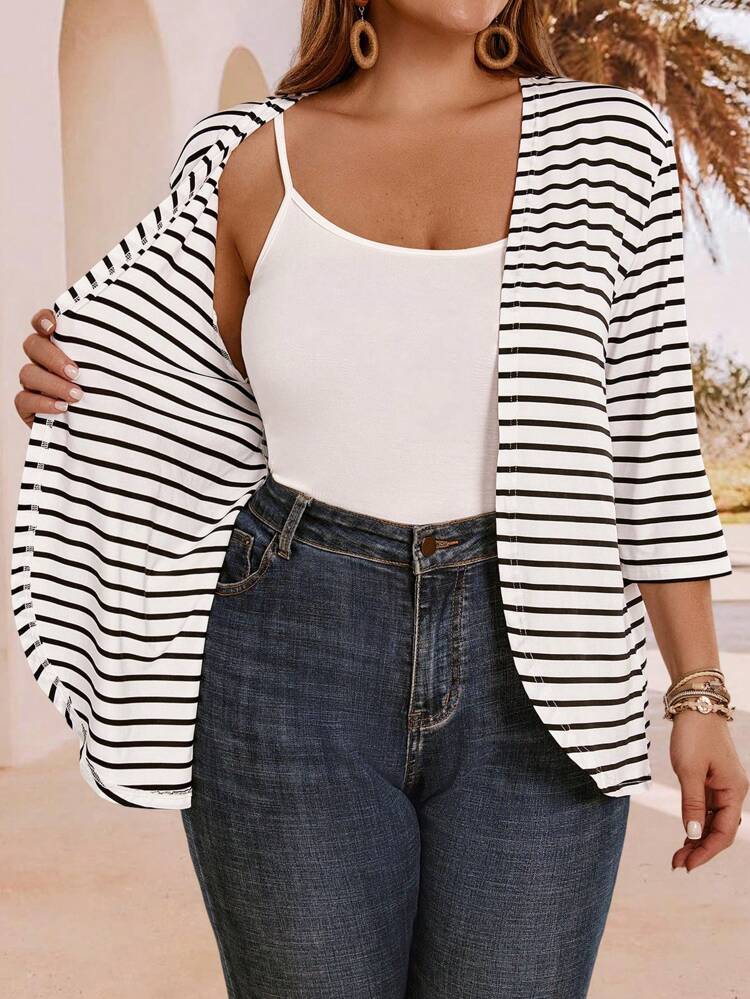 Plus Size Women's Summer Vacation Striped Three Quarter Sleeve Coat, Gifts For Mother, Summer Holiday, Vacation Women, Simple And Fashionable For Everyday Wear, Vacay Vibes, Spring-Break, Casual Wear , Bohemia