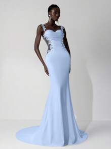 Elitara 优雅奢华刺绣蕾丝贴花弹力针织美人鱼鱼尾裙，带可拆卸裙裾，适合婚礼、单身派对、蜜月、舞会、新娘 - 淺藍色 - 查看 7