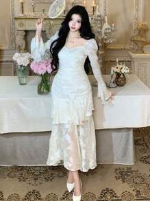 DAZY Vestido de largo medio con volantes texturizados, para primavera/verano - Blanco - Ver 5