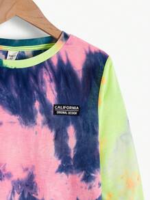 Tween Boy 1pc 休闲运动街头舒适百搭保暖超划算异色扎染加织标设计圆领长袖 T 恤返校服，秋季秋冬扎染 T 恤 - 綠色 - 查看 3