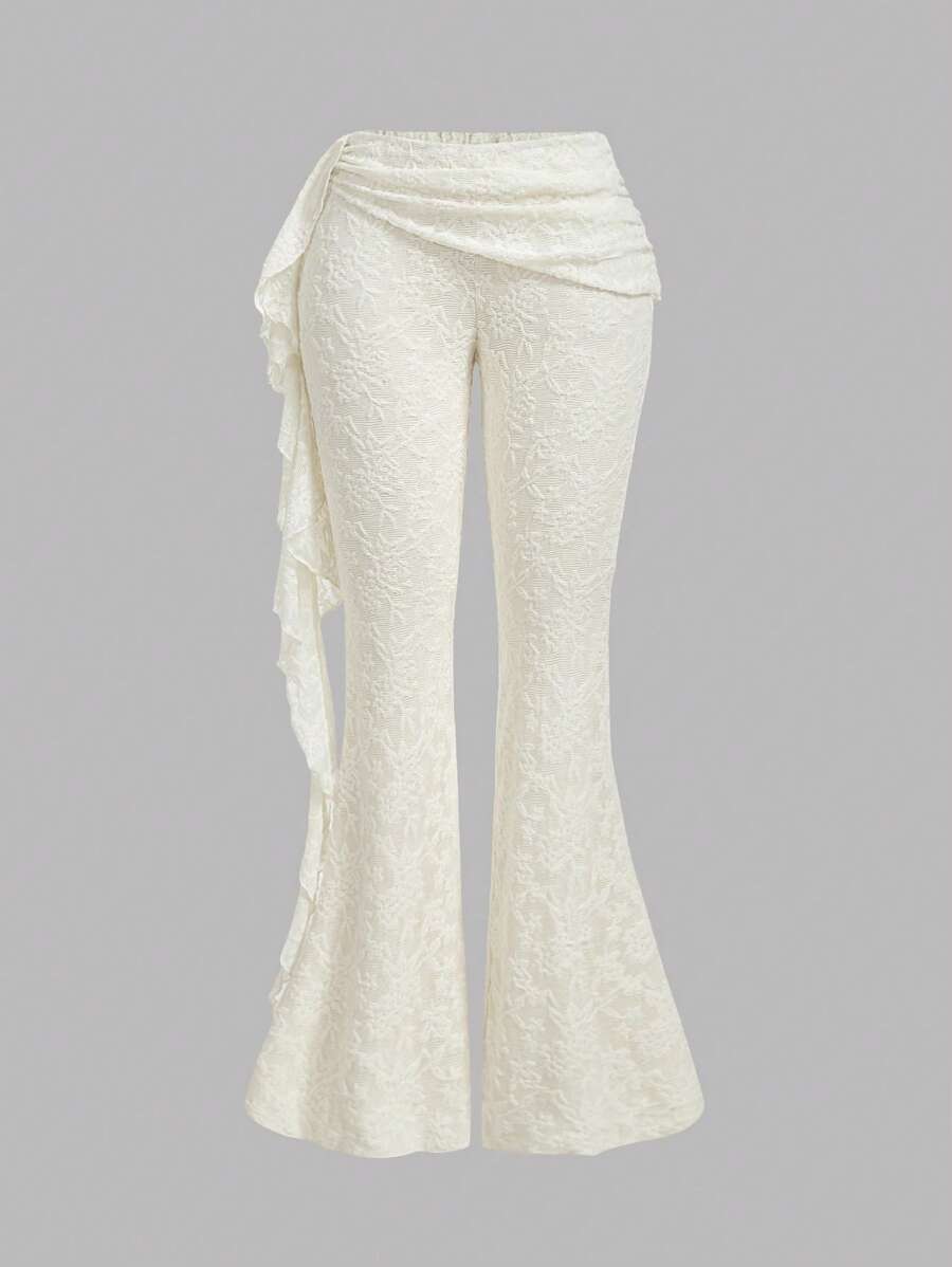 SHEIN MOD 女士拼接荷叶边优雅蕾丝喇叭裤，适合度假、音乐节、波西米亚风、假日约会、下午茶、夏季、音乐节和西式风格
