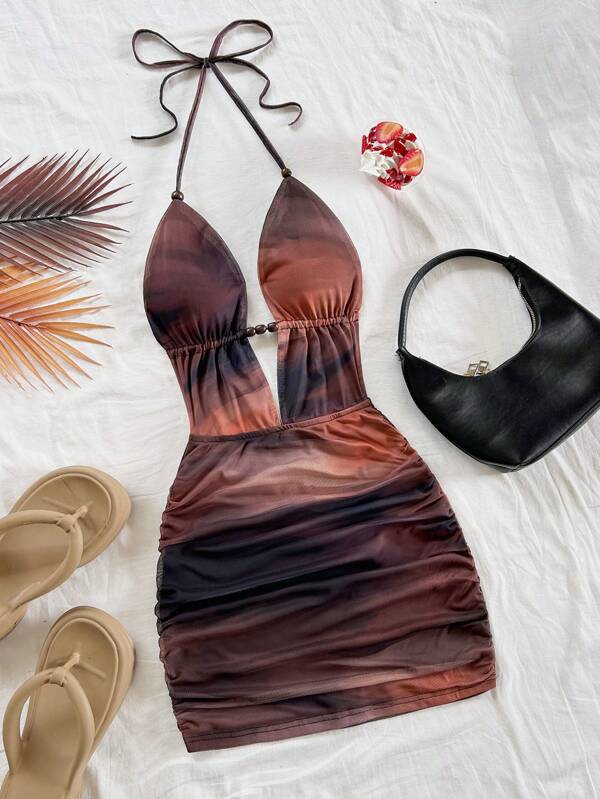 Soleia Vestido mini con cuello en V profundo, estampado abstracto de tie-dye, espalda con lazo, ajuste ceñido y volantes en el bajo, sexy y de moda para fiestas, citas, té de la tarde, playa y vacaciones de verano