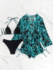 Swim Lushoire Swimsuits For Woman Summer Beach 3packs Random Tropical Print Halter Drawstring Side Bikini - Green - View 4