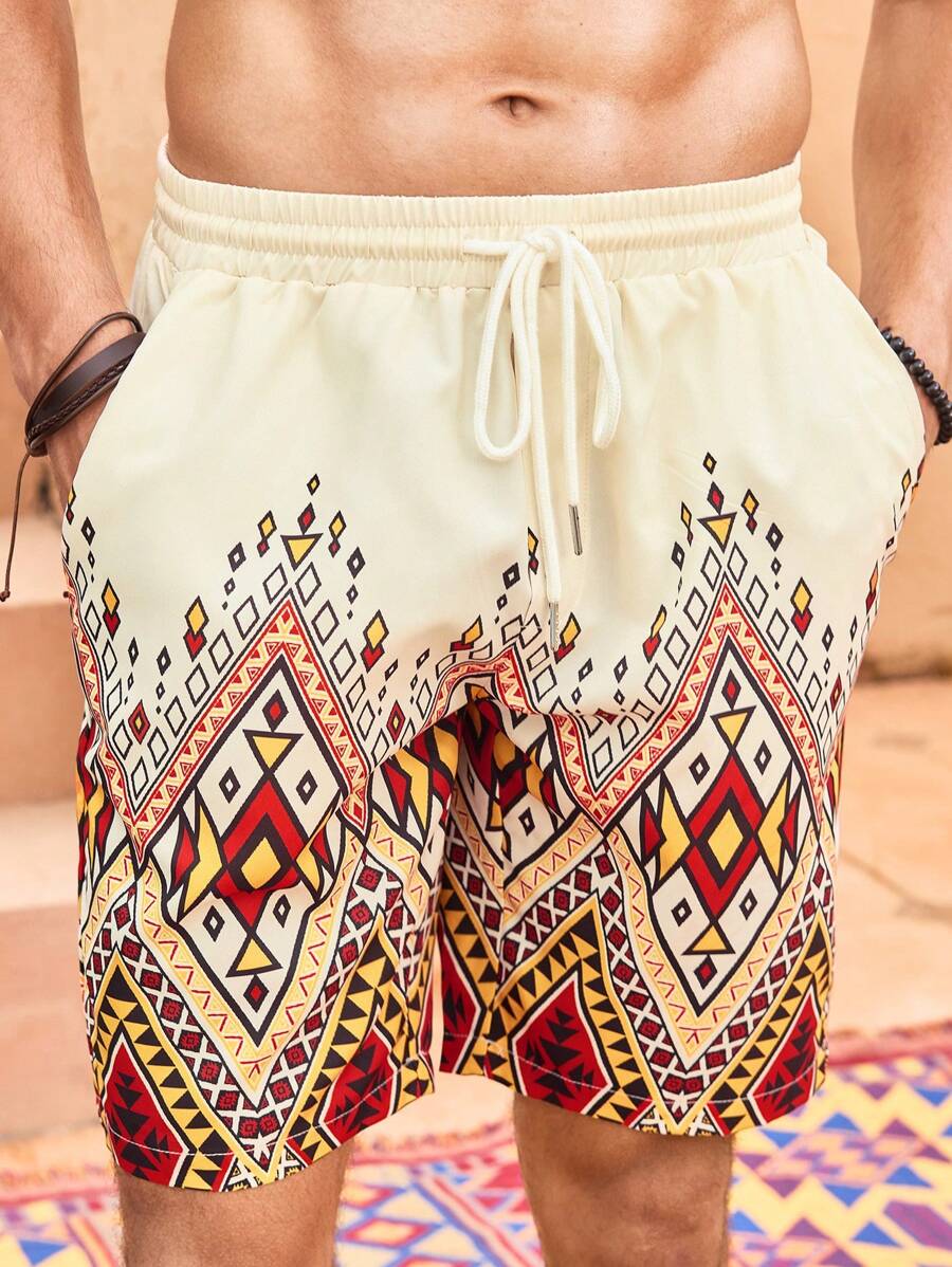 Manfinity VCAY Men's Slim Fit Woven Geometric Pattern Print Shorts, Suitable For Summer - Yellow - View 1