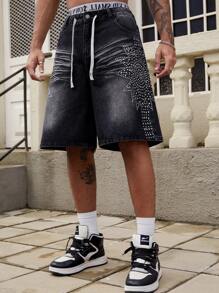 ROMWE MEN Street Life 男士闪亮水钻装饰宽松阔腿牛仔短裤休闲裤