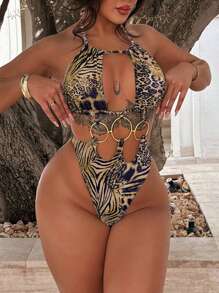 SHEIN Leopard Print Patchwork Pattern Drawstring Halter Tie-Up 3-Ring Hollow Sexy Beach One Piece Swimsuit For Women - Multicolor - View 3