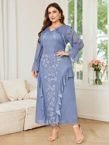 Modelyn Plus Size Floral Print Ruffle Hem Flare Sleeve Elegant Dress - Dusty Blue - View 5