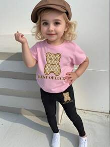 SHEIN Playful Pals 1 Set Girls Toddler Casual Cute Bear & Letter Print Round Neck Short Sleeve T-Shirt And Leggings Outfit, Comfortable Spring/Summer