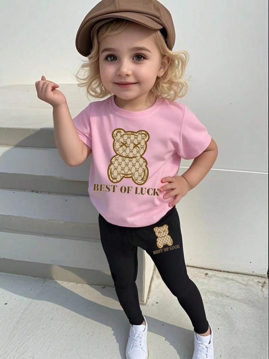 SHEIN Playful Pals 1 Set Girls Toddler Casual Cute Bear & Letter Print Round Neck Short Sleeve T-Shirt And Leggings Outfit, Comfortable Spring/Summer
