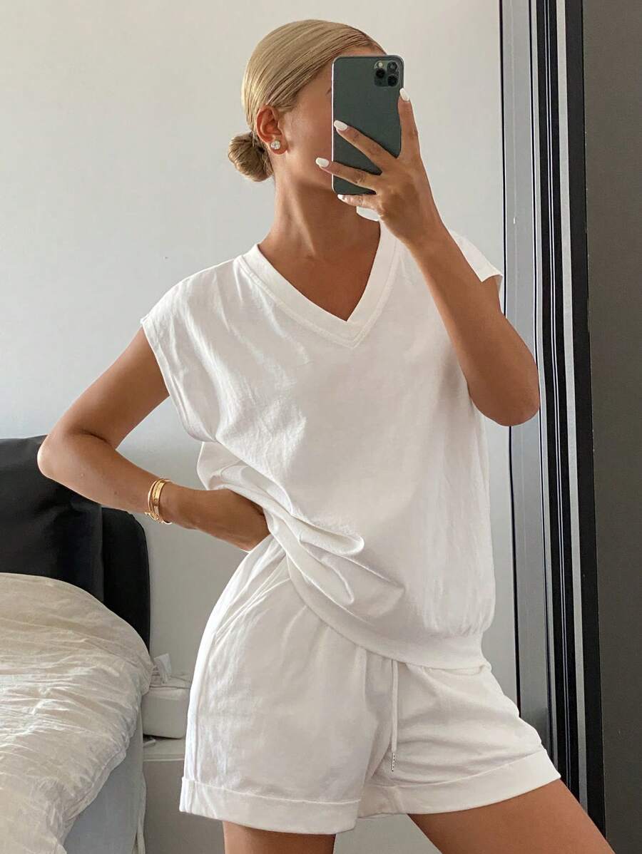 Livesso 2 件套女式纯色宽松无袖上衣和短裤套装，休闲家居睡衣