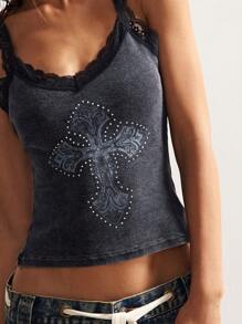 Bohemela Áo tank top dệt kim ôm sát kiểu Mỹ cổ điển với họa tiết chữ thập và ren in hoa dành cho nữ. - màu đen - Xem 9