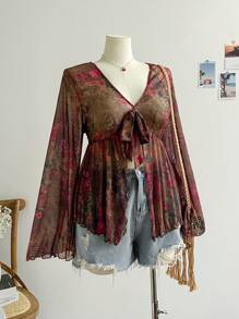 Soleia Top lung cu imprimeu boem, cu centură cu fundă și mâneci evazate, perfect pentru vară, plajă, festival de muzică și ținută de concert country