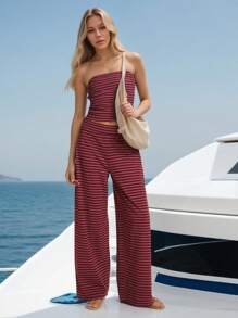 Bộ 2 áo ống không tay in họa tiết sọc cho nữ và quần cạp chun, giản dị và thoải mái - Màu Hồng Tươi - Xem 1