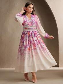 Anewsta Women's Spring/Summer New Lace Patchwork A-Line Long Sleeve Dress, Elegant Vacation Dress - Pink - View 6