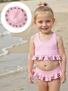 Young Girls Cherry Print Tankini Swimsuit With Hood - Pink - View 2